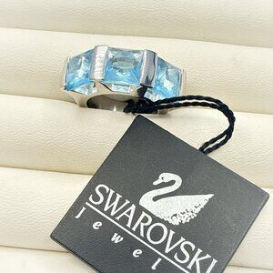 Swarovski Ring Blue Swan Signed Sterling Silver Cocktail 6 Crystal Square Modern